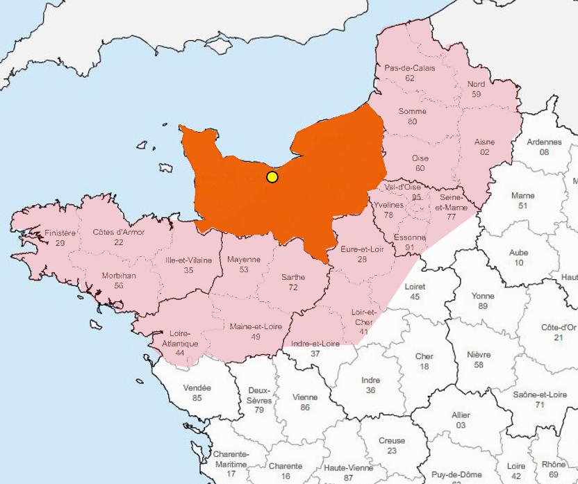 Carte de France avec Normandie en rouge-orangé et zone d’intervention en rose pâle
